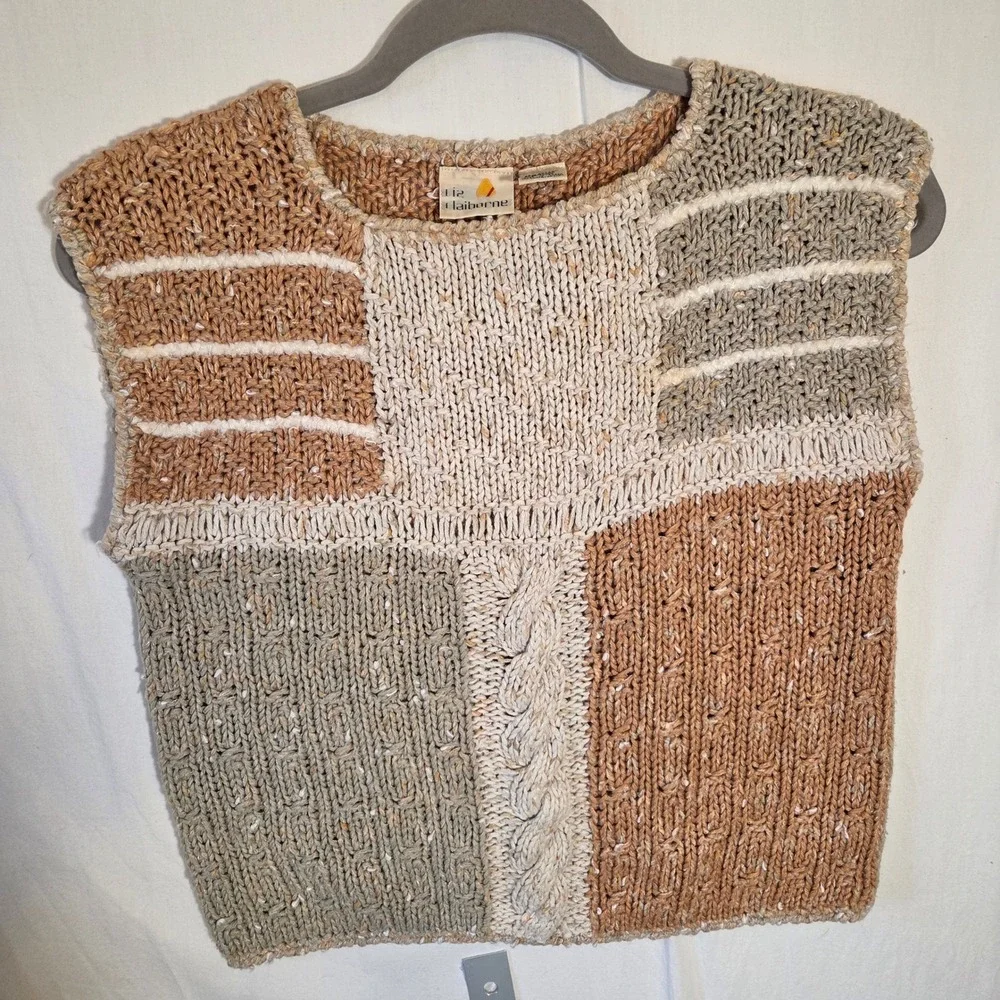 Liz Claiborne Vintage Silk Blend Patchwork Knit Sweater Vest Tan Green Large‎